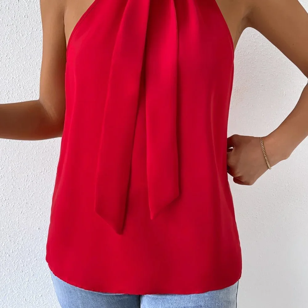 Red Preppy Womens Solid Tie Neck Halter Top - Picture 3 of 5
